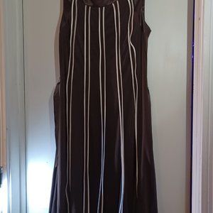 Chocolate Brown sleeveless dress with satin trim and white satin stripes - Sz 10